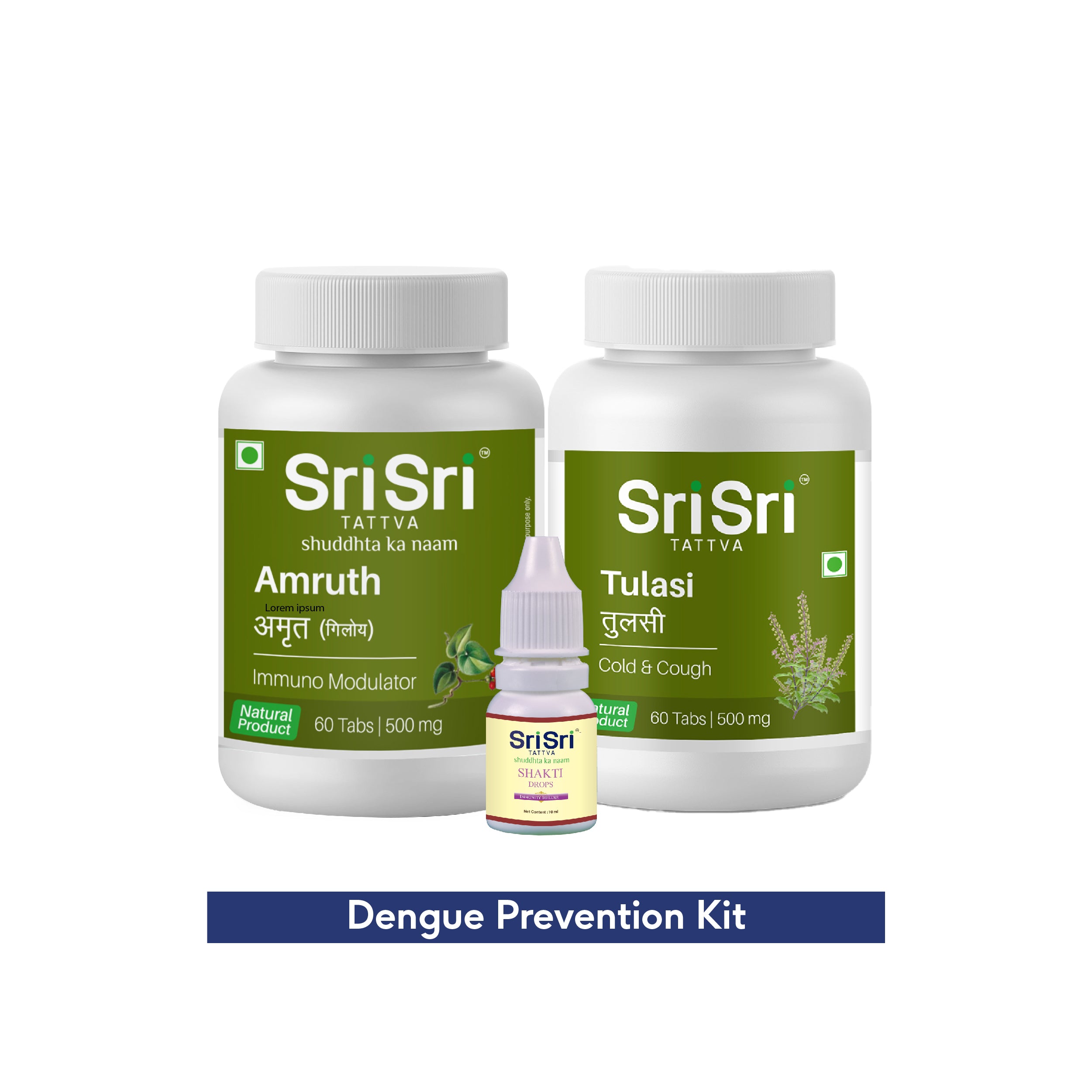 Sri Sri Tattva Dengue Prevention Kit Amruth Tabs  Tulasi Tabs Shakti Drops Bottle of 10 ML