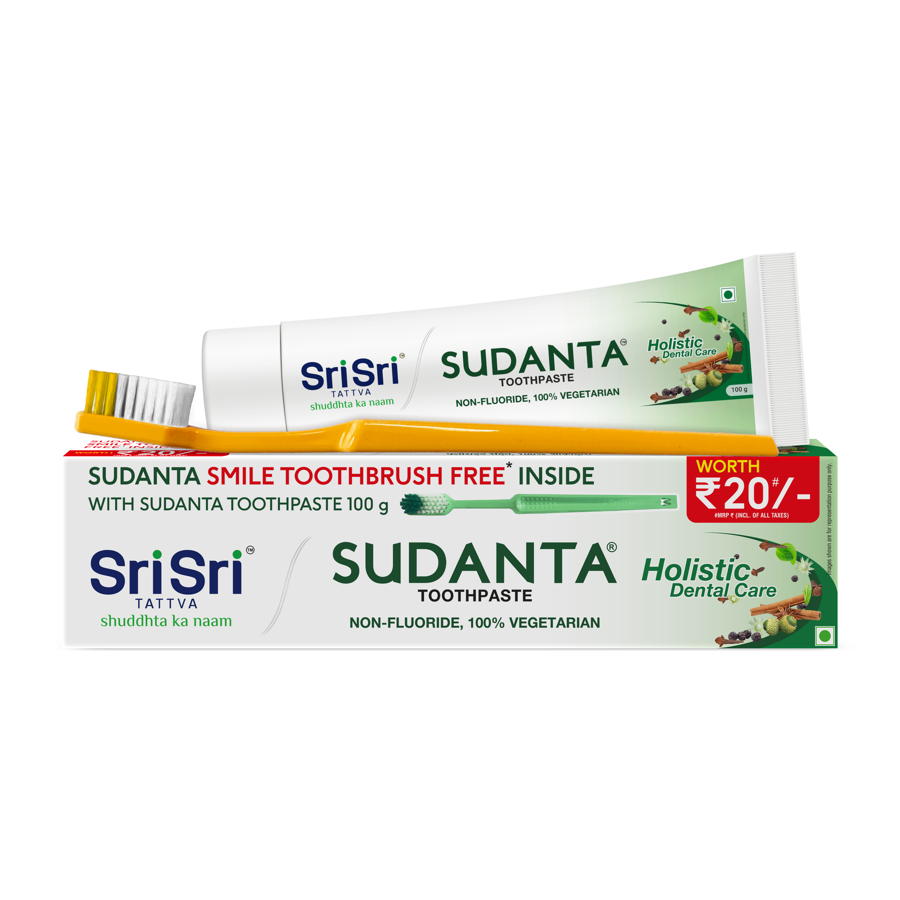 Sudanta Toothpaste -  Non - Fluoride - 100% Vegetarian, 100 g with Smile Toothbrush Free Inside