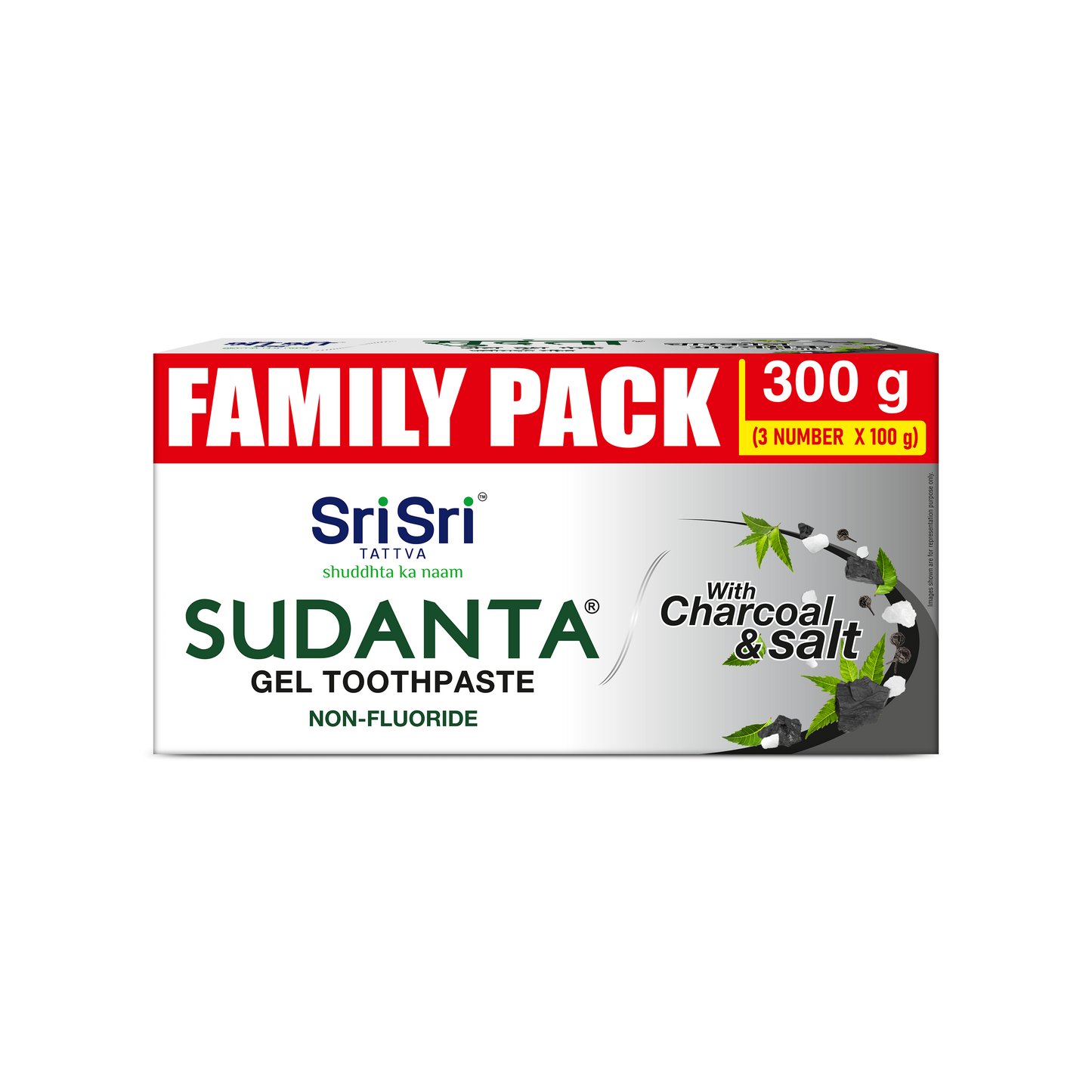 Sudanta Gel Toothpaste - With Charcoal & Salt. SLS Free. Non - Fluoride - 100% Vegetarian, Family Pack 100 g x 3 (300 g)