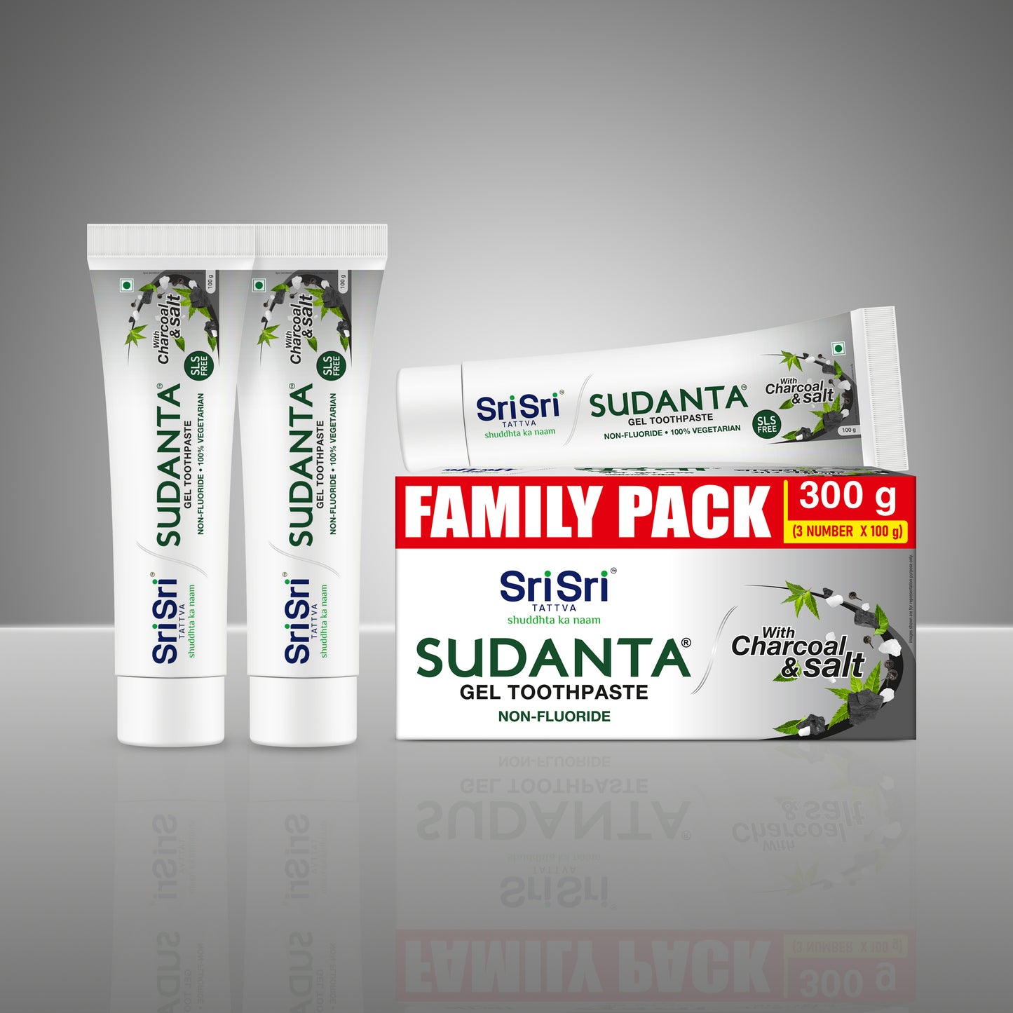 Sudanta Gel Toothpaste - With Charcoal & Salt. SLS Free. Non - Fluoride - 100% Vegetarian, Family Pack 100 g x 3 (300 g)